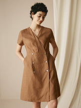 100% Linen V-Neck Double-Breasted Mini Dress COCOA - DRESSES-Linen
