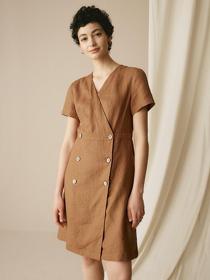100% Linen V-Neck Double-Breasted Mini Dress COCOA - Peanut / S - DRESSES-Linen