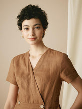 100% Linen V-Neck Double-Breasted Mini Dress COCOA - DRESSES-Linen