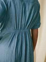 100% Linen V-Neck Elastic Waistband Dress - DRESSES-Linen Midi