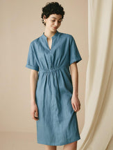 100% Linen V-Neck Elastic Waistband Dress - Steel Blue / S - DRESSES-Linen Midi