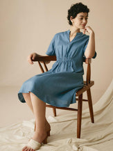 100% Linen V-Neck Elastic Waistband Dress - DRESSES-Linen Midi