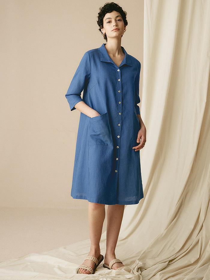 MADISON 100% Linen Striped Shirt Dress - Sea Blue / S - DRESSES-Linen Midi