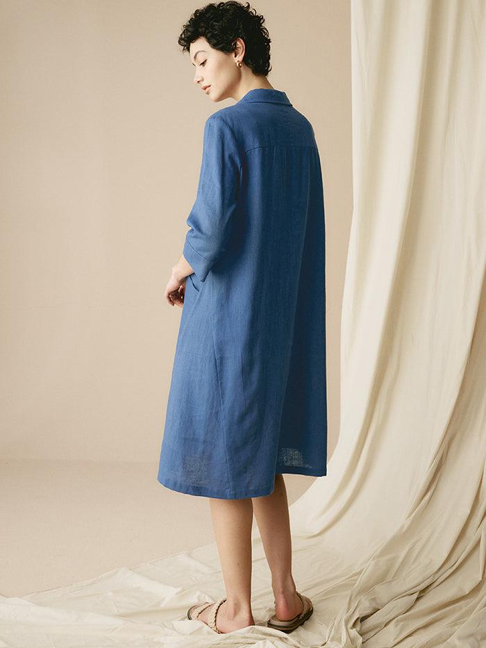 MADISON 100% Linen Striped Shirt Dress - DRESSES-Linen Midi