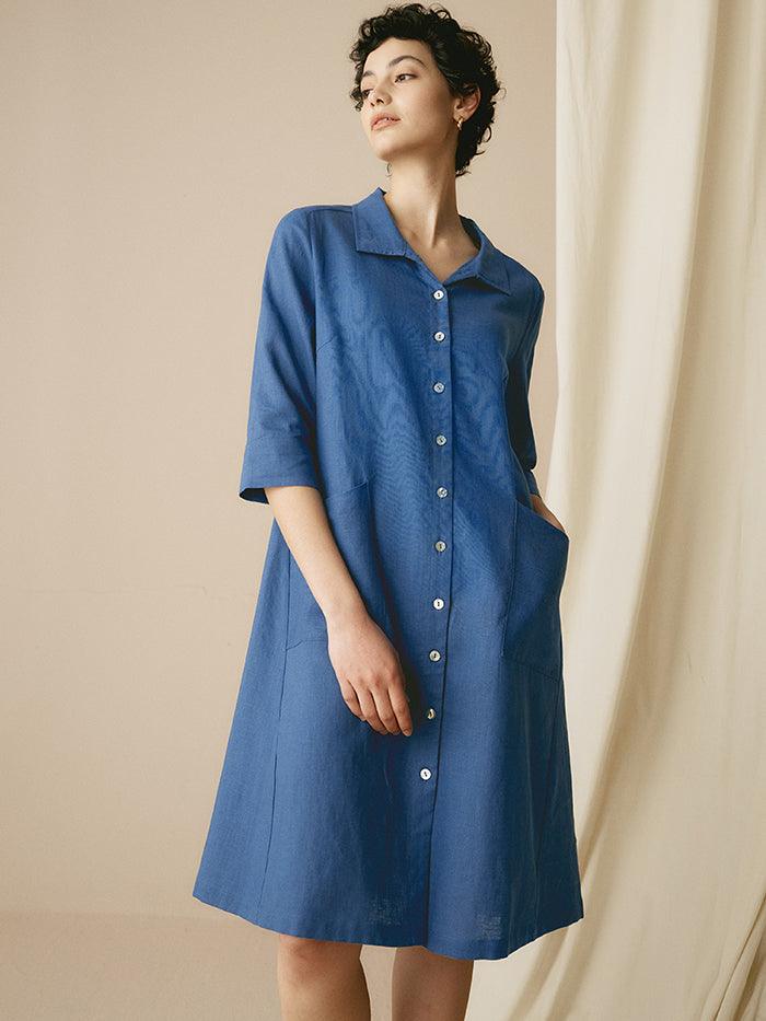 MADISON 100% Linen Striped Shirt Dress - DRESSES-Linen Midi