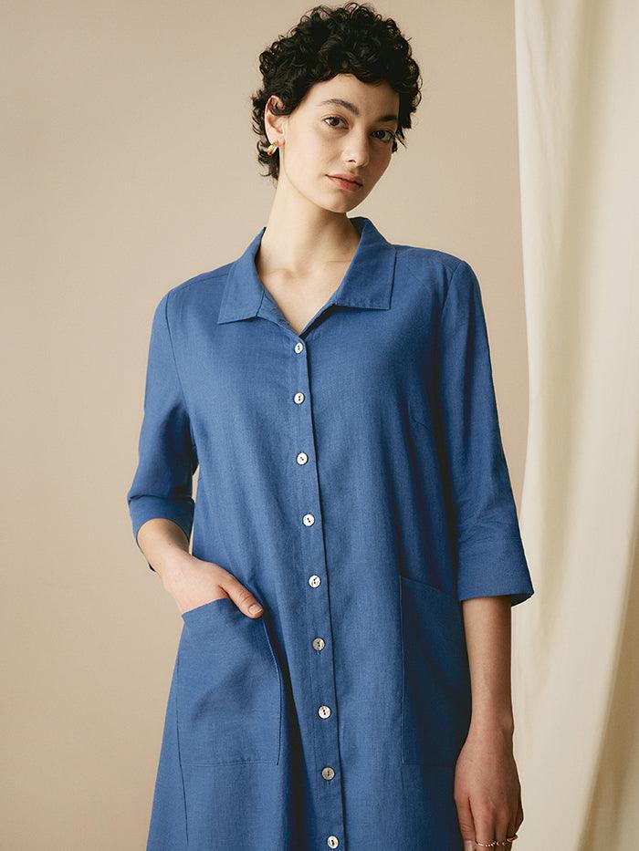 MADISON 100% Linen Striped Shirt Dress - DRESSES-Linen Midi