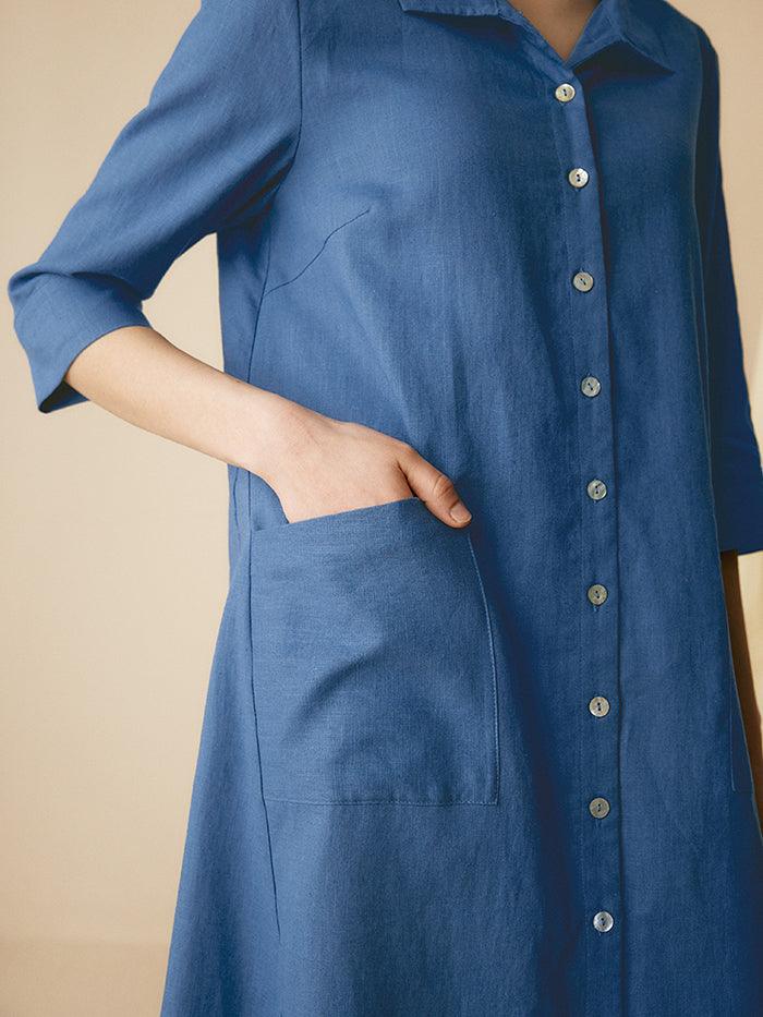 MADISON 100% Linen Striped Shirt Dress - DRESSES-Linen Midi