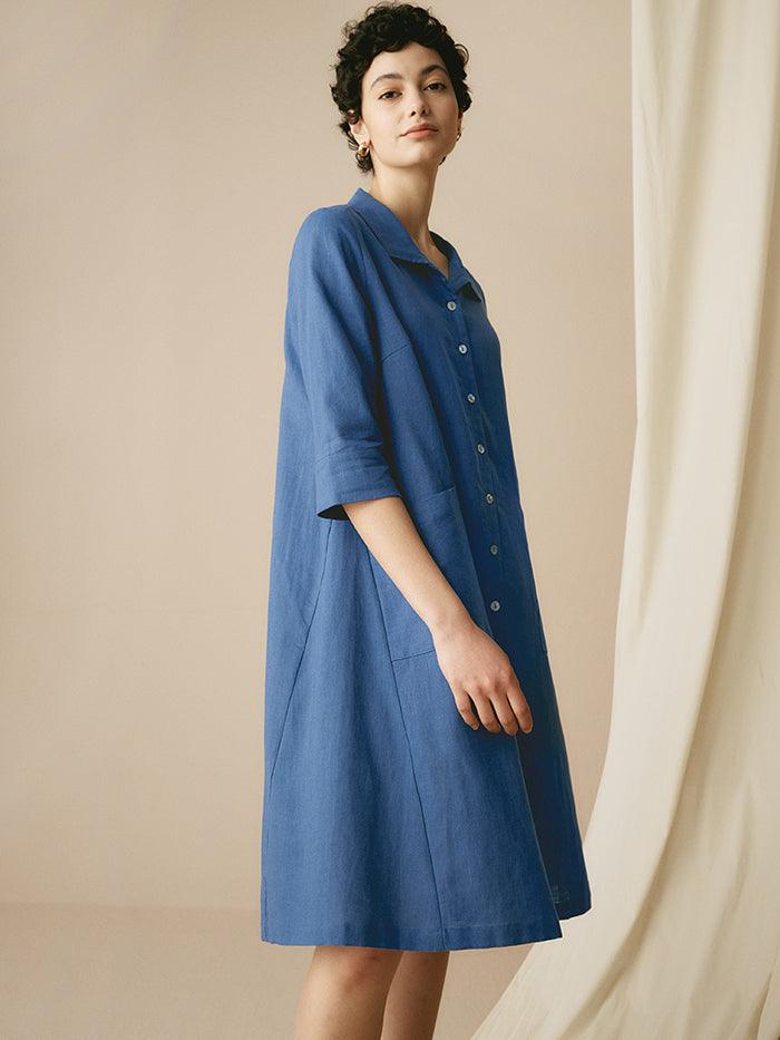 MADISON 100% Linen Striped Shirt Dress - DRESSES-Linen Midi