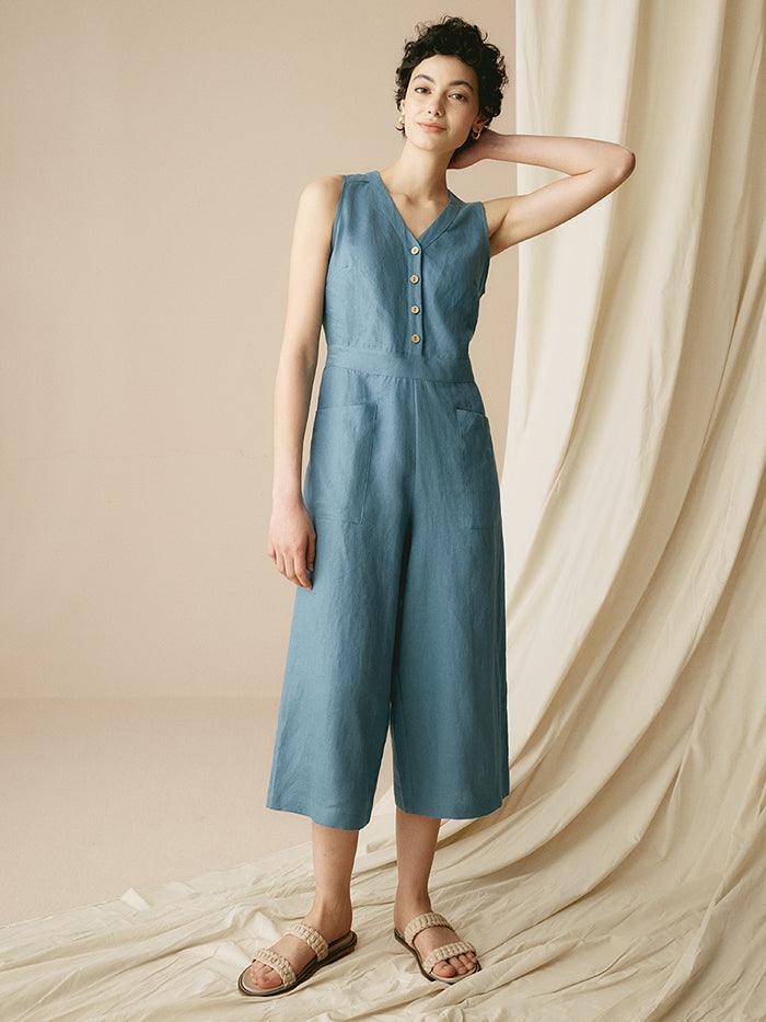 100% Linen V-Neck Jumpsuit - sets & jumpsuits