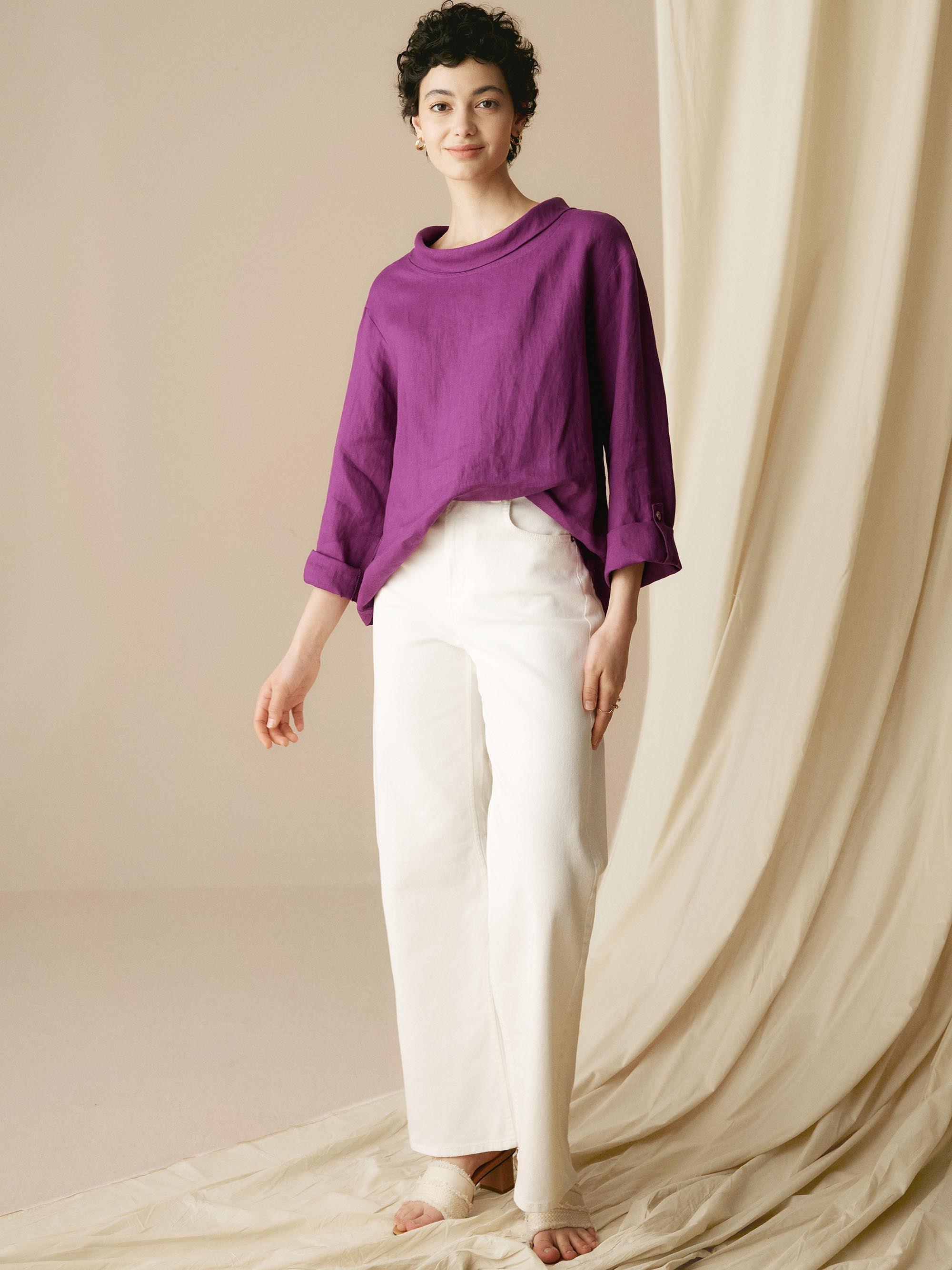 100% Linen Draped Neck Top HOLLIS - TOPS-Linen Blouses