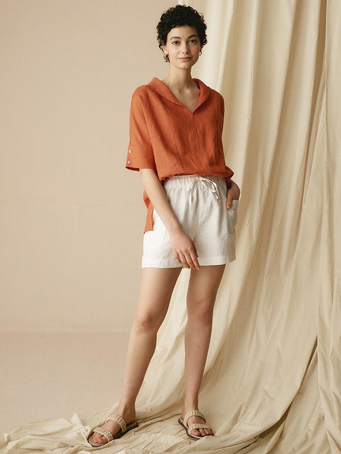 100% Linen V-Neck Short Sleeve Shirt SIERRA - TOPS-Linen Blouses