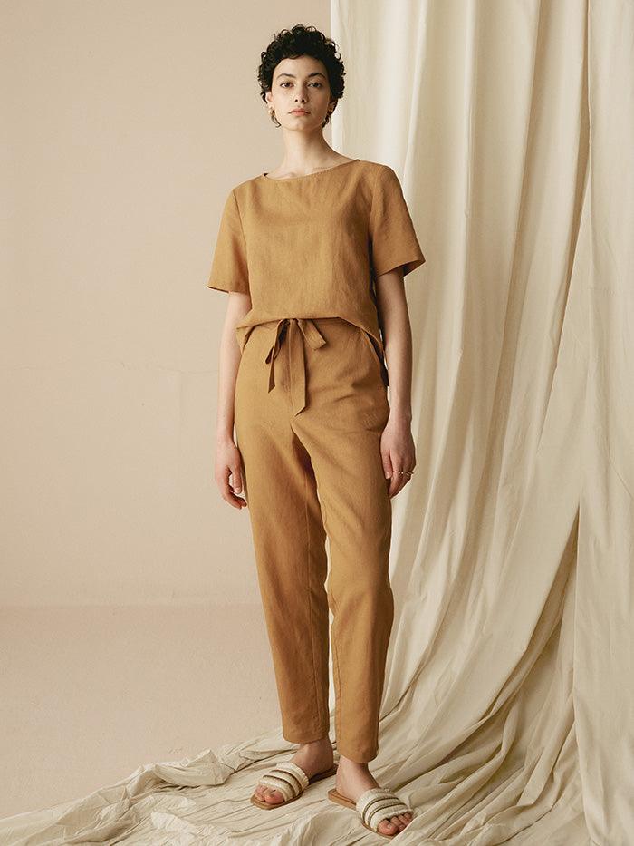 100% Linen Two-Piece Casual Tracksuit - Peanut / S - SETS-Linen Sets