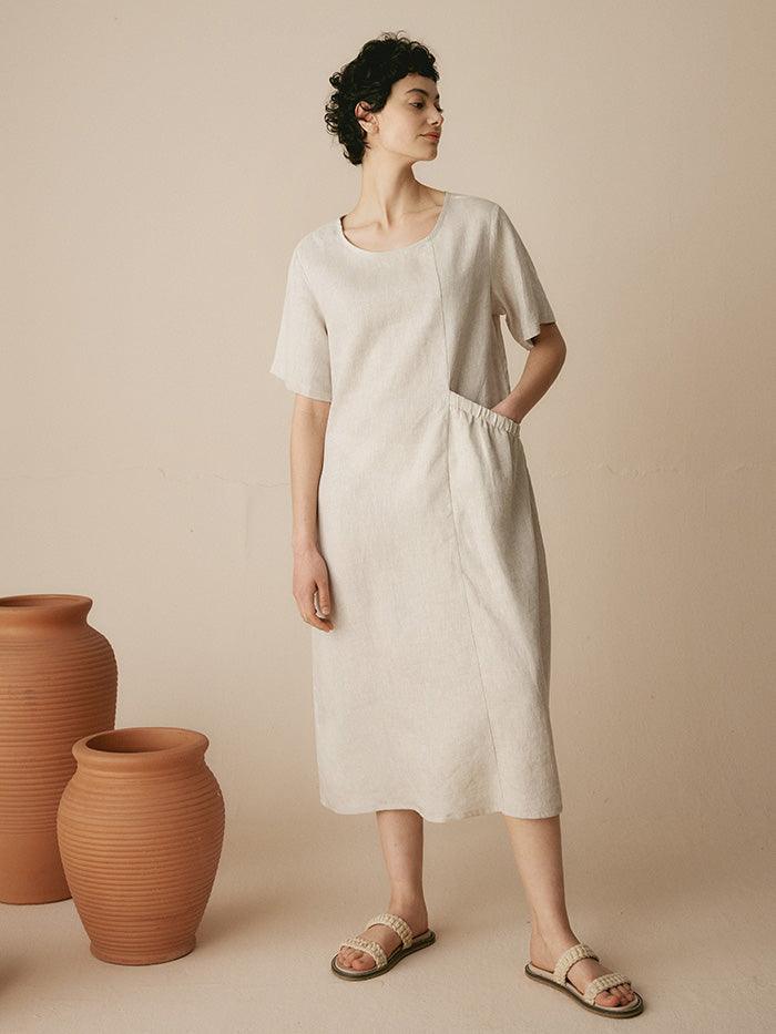 100% Linen Pocket Caftan Midi-Dress ESME - DRESSES-Linen Maxi