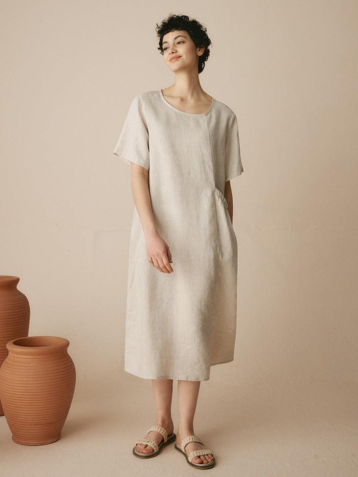 100% Linen Pocket Caftan Midi-Dress ESME - DRESSES-Linen Maxi