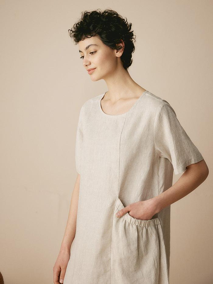 100% Linen Pocket Caftan Midi-Dress ESME - DRESSES-Linen Maxi