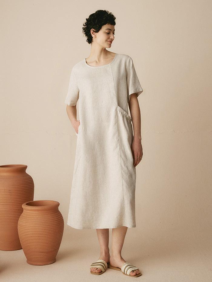 100% Linen Pocket Caftan Midi-Dress ESME - Grayish White / S - DRESSES-Linen Maxi