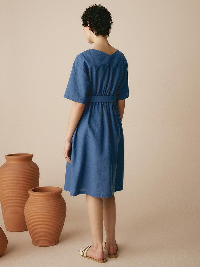 Linen V-Neck Belted Dress SERENA - DRESSES-Linen Midi