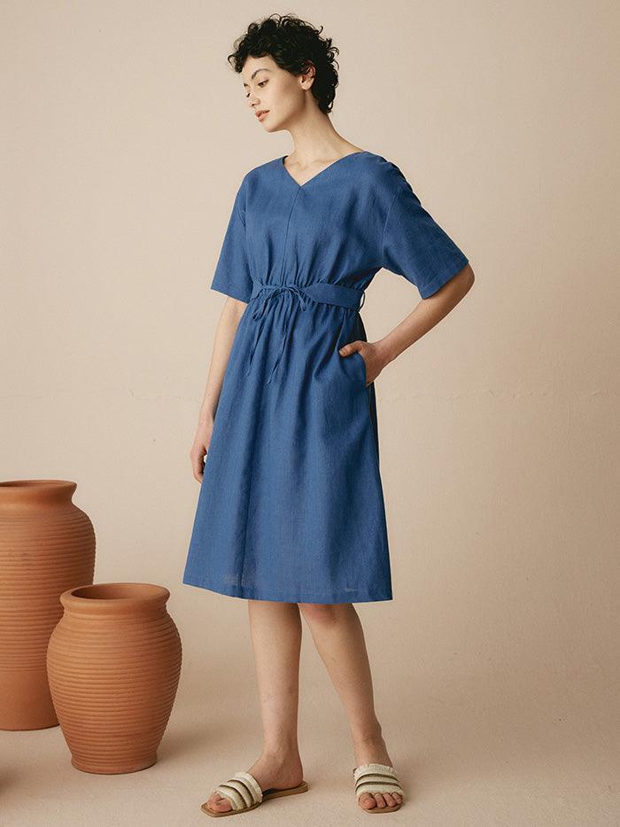 Linen V-Neck Belted Dress SERENA - DRESSES-Linen Midi