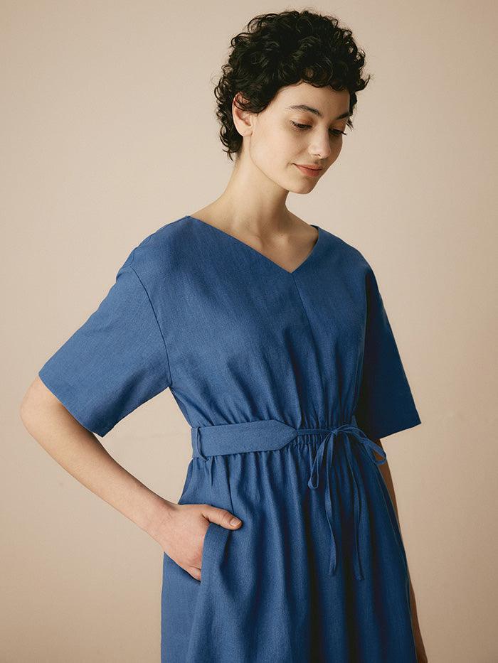 Linen V-Neck Belted Dress SERENA - DRESSES-Linen Midi