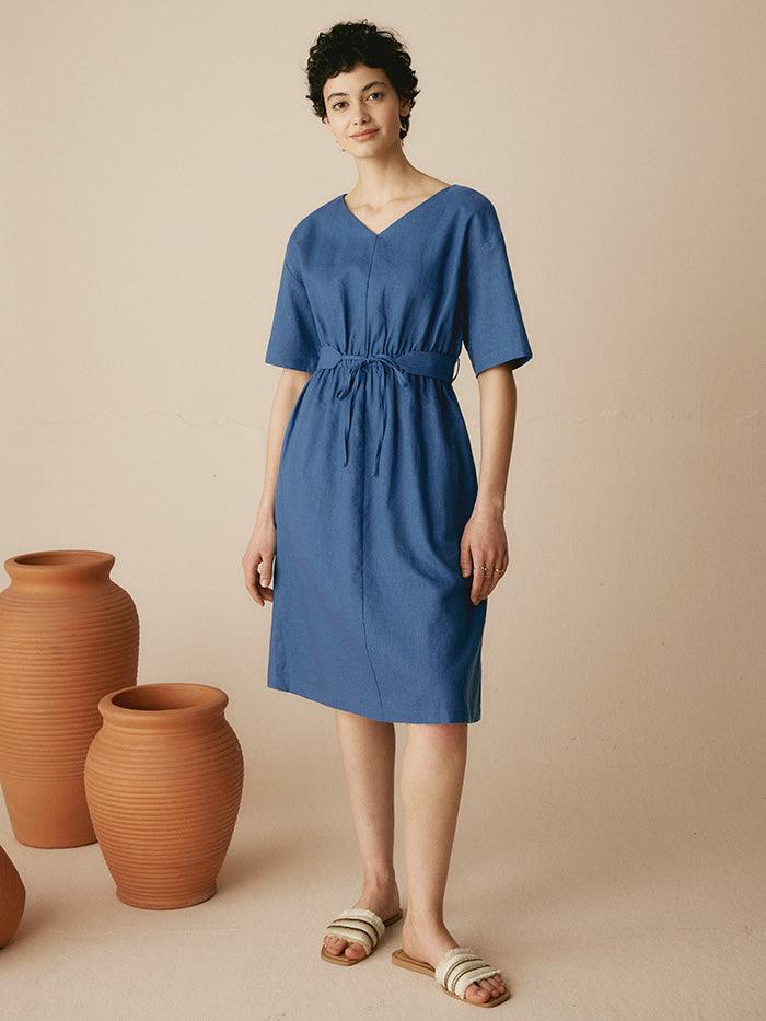 Linen V-Neck Belted Dress SERENA - DRESSES-Linen Midi