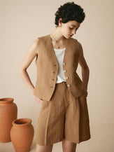 Ensemble gilet en mélange de lin esprit old money - Marron camel / S - ENSEMBLES-Ensembles en lin