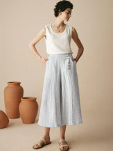 100% Linen Striped Straight-Leg Pants - BOTTOMS-Linen