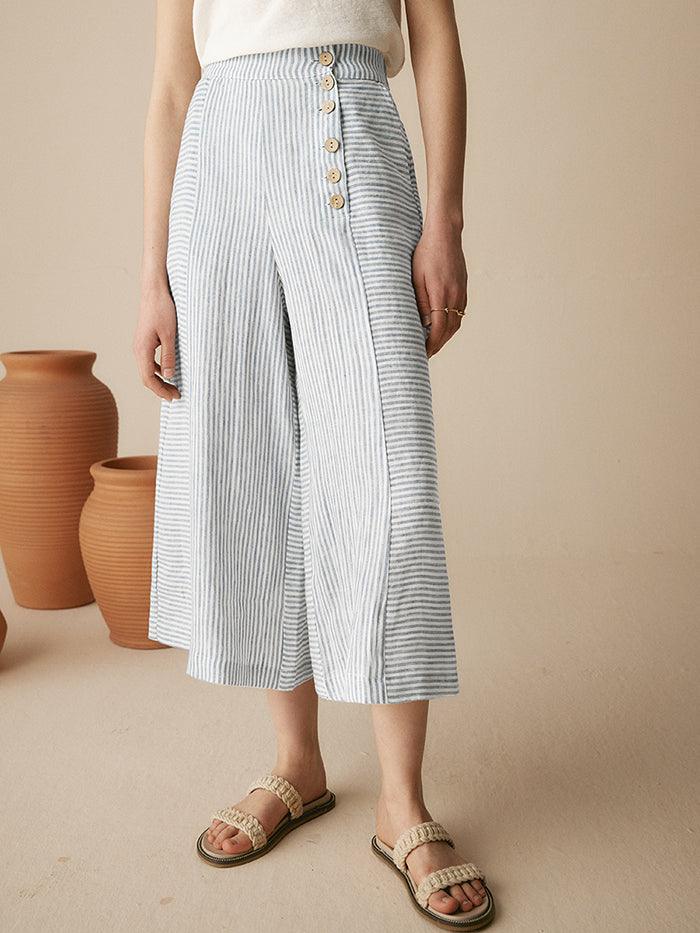 100% Linen Striped Straight-Leg Pants - BOTTOMS-Linen