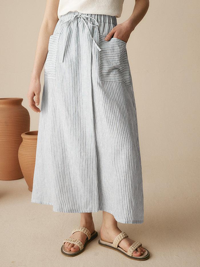 100% Striped Linen Long A-Line Skirt - Stripe / S - BOTTOMS-Linen Skirts