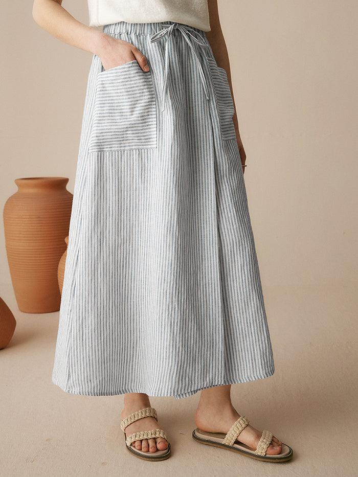 100% Striped Linen Long A-Line Skirt GABRIELLE – LINTICO
