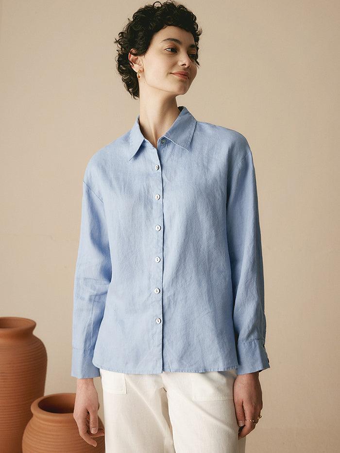 100% Linen Classic Leisure Shirt Azure - TOPS-Linen Button Down Shirts