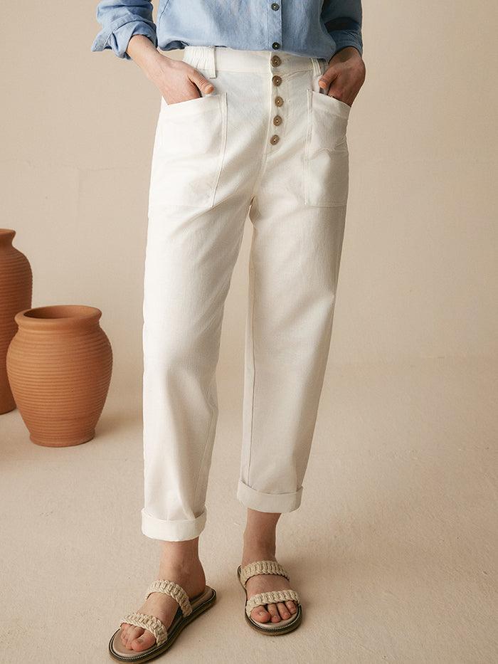 HEIDI Linen Simple Button Fly Trousers - Optic White / XS - BOTTOMS-Linen Pants