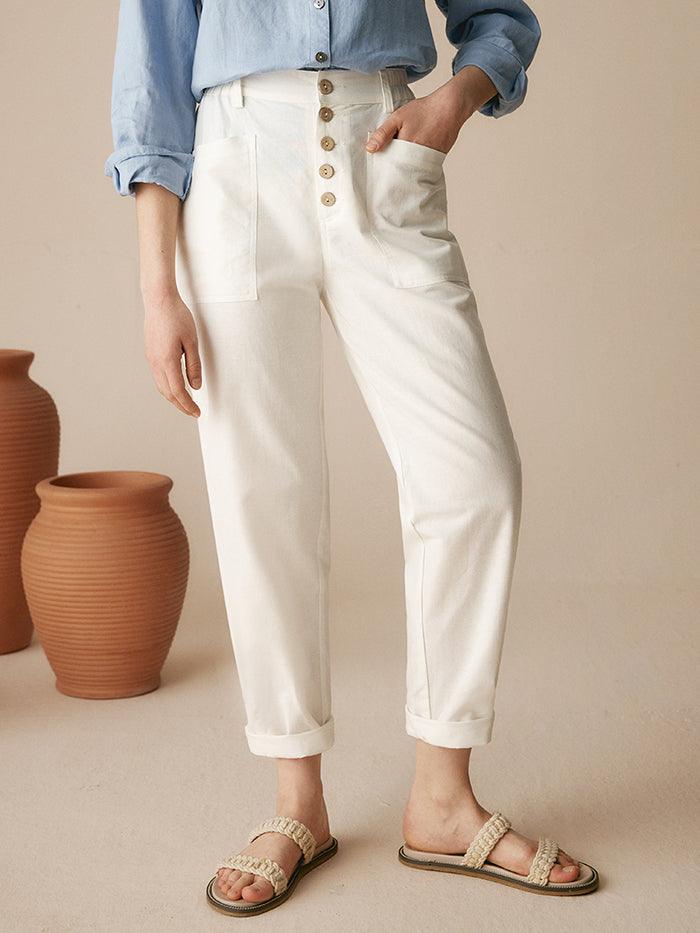 HEIDI Linen Simple Button Fly Trousers - BOTTOMS-Linen Pants