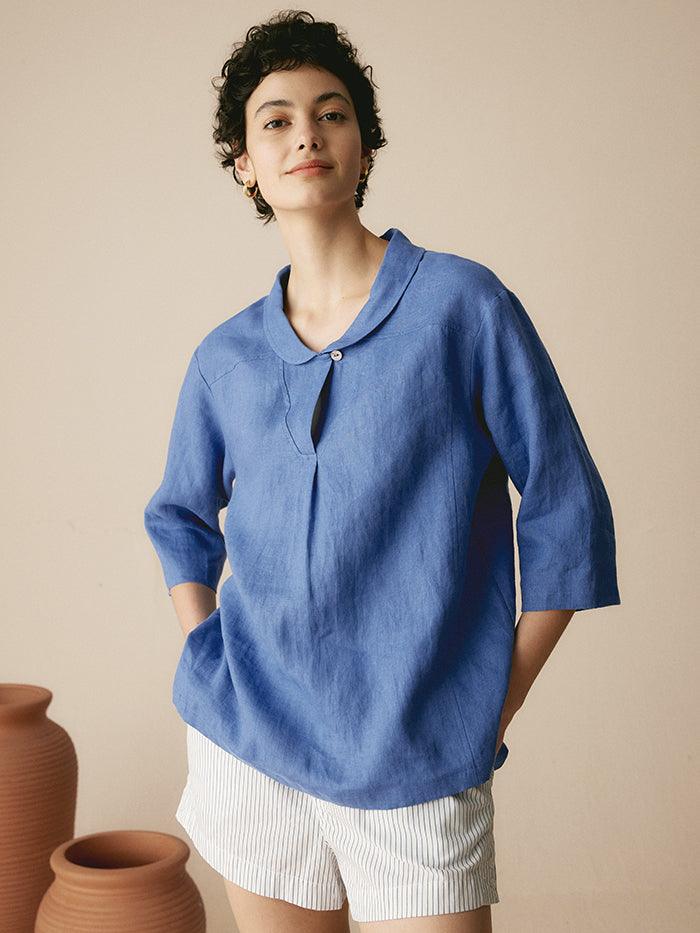 JADE 100% Linen Shawl V-Neck Half Sleeve Top - Denim Blue / S - TOPS-Linen Blouses