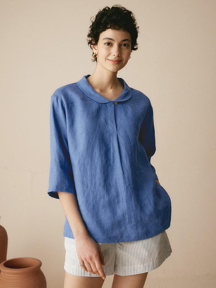 JADE 100% Linen Shawl V-Neck Half Sleeve Top - TOPS-Linen Blouses