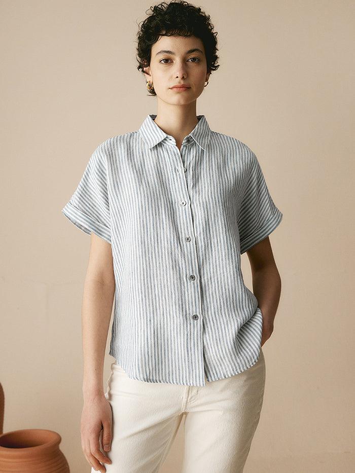 100% Linen Striped Classic Button-Front Shirt - TOPS-Linen Button Down Shirts