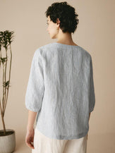 100% Linen Puff Sleeves Top - TOPS-Linen Blouses