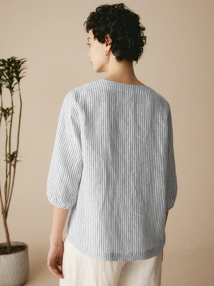 100% Linen Striped Puff Sleeves Top - TOPS-Linen Blouses
