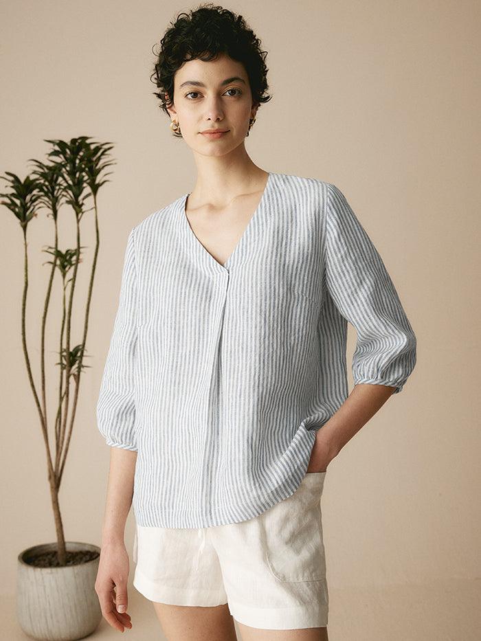 100% Linen Striped Puff Sleeves Top - Stripe / S - TOPS-Linen Blouses
