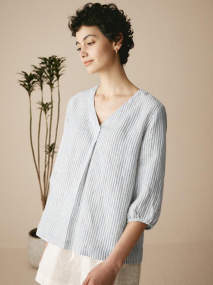 100% Linen Striped Puff Sleeves Top - TOPS-Linen Blouses
