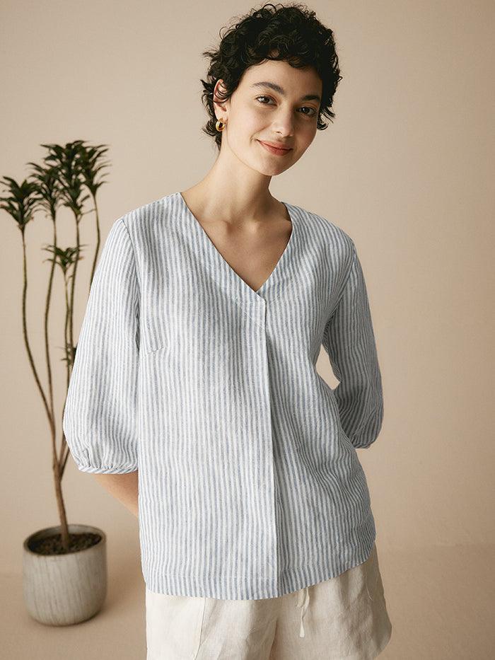 Folded Collar Linen Top | Long-Sleeve Women's Pullover – LINTICO