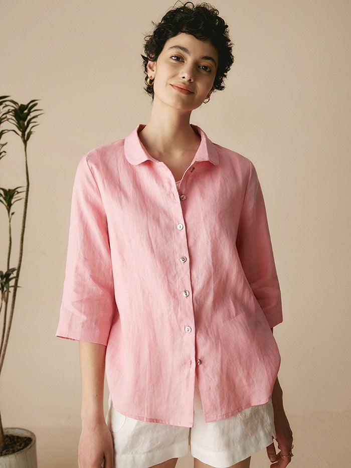 100% Linen Peter Pan Collar 3/4 Sleeve Shirt ASTRID - Pastel Pink / XS - TOPS-Linen Button Down Shirts