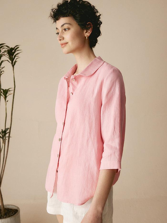 100% Linen Peter Pan Collar 3/4 Sleeve Shirt ASTRID - TOPS-Linen Button Down Shirts