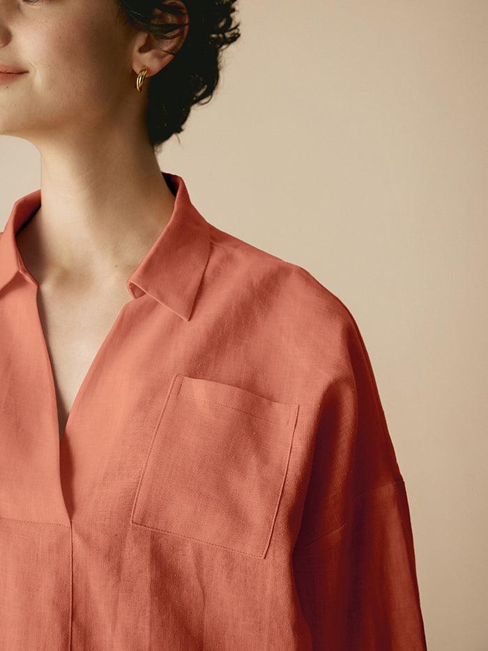 Linen Oversized Fit Pocket Shirt ELOWEN - TOPS-Linen Blouses