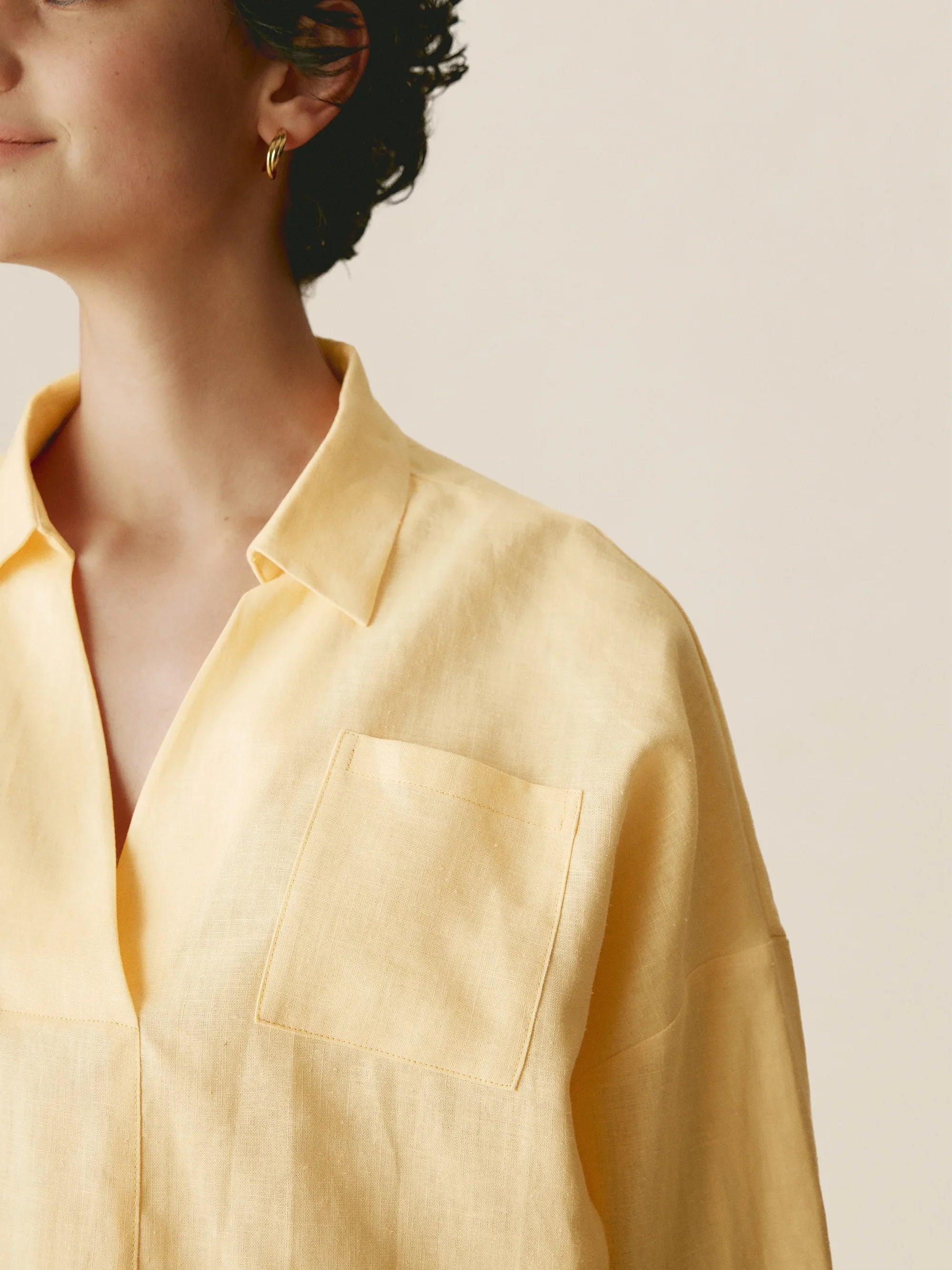 Linen Oversized Fit Pocket Shirt ELOWEN - TOPS-Linen Blouses