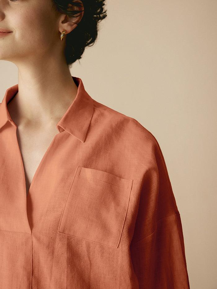 Linen Oversized Fit Pocket Shirt ELOWEN - TOPS-Linen Blouses