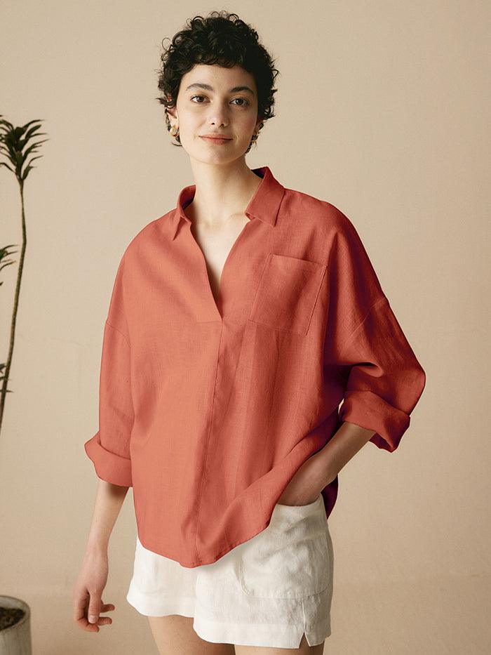 Linen Plaid Oversized Fit Pocket Shirt - Terracotta / S - TOPS-Linen Blouses