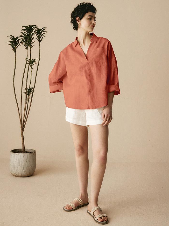 Linen Oversized Fit Pocket Shirt ELOWEN - TOPS-Linen Blouses