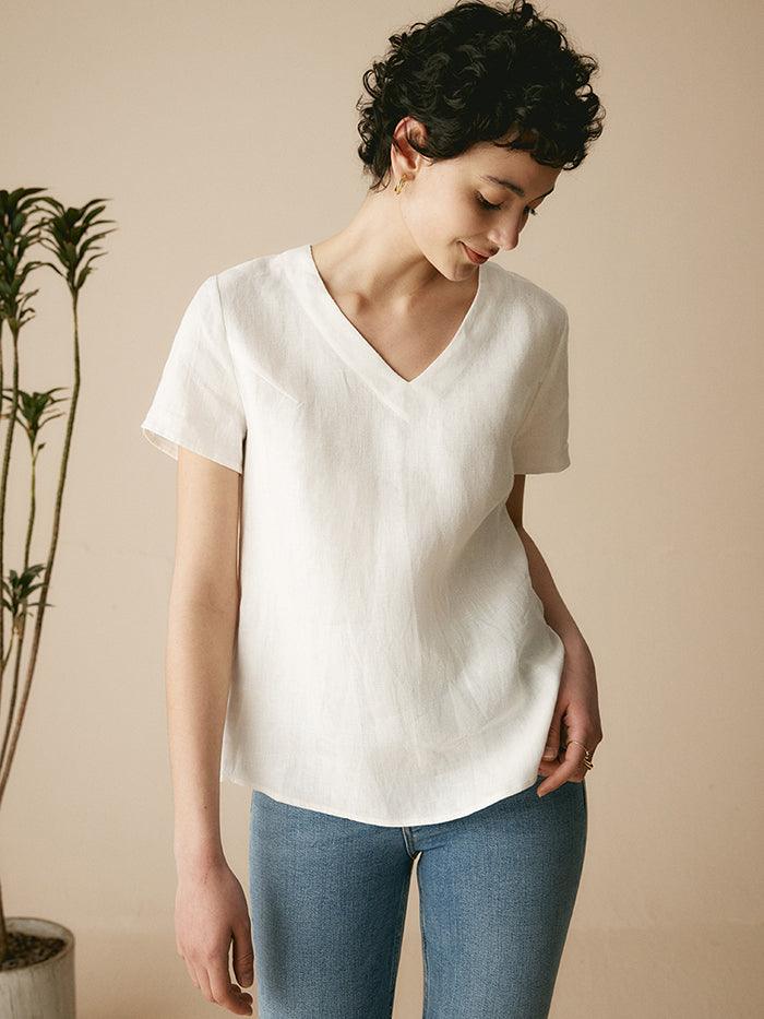 100% Linen Easy Popover V-Neck Boxy Top - TOPS-Linen Blouses