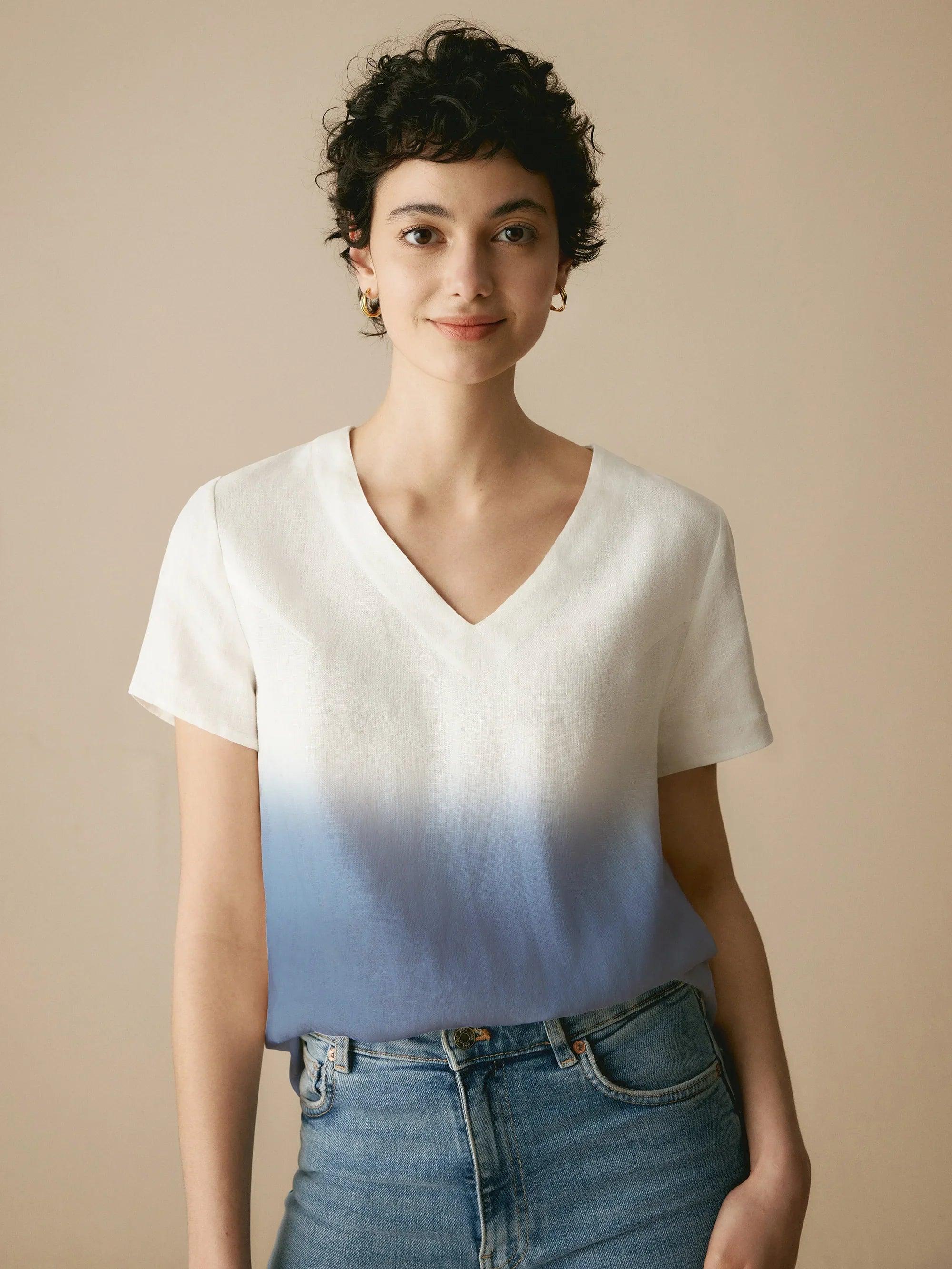 100% Linen Easy Popover V-Neck Boxy Top - TOPS-Linen Blouses