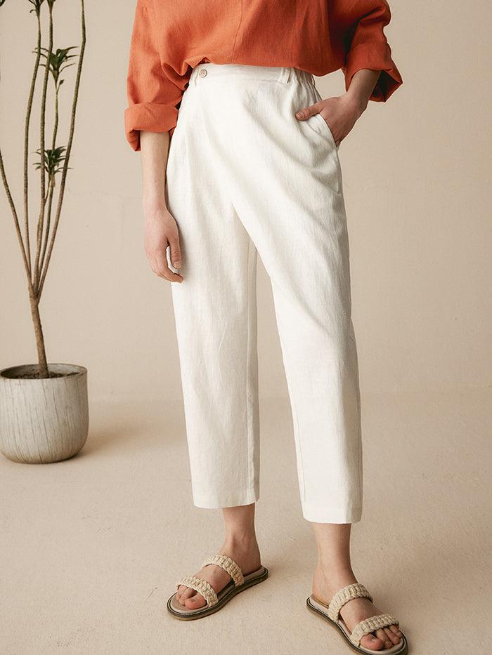 Linen Tailored Cropped Trousers - Optic White / S - BOTTOMS-Linen Pants
